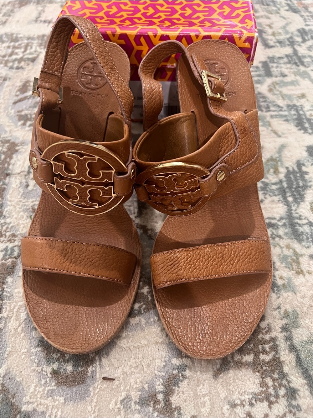 Tory Burch Amanda Wedge Sandals in tan tumbled leather